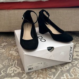 Aldo Black Suede Ankle Strap Low Block Heel Pumps
